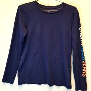 Calvin Klein Jeans Top S Tee Long Sleeve Crew Neck Minimalist Solid Navy Blue‎